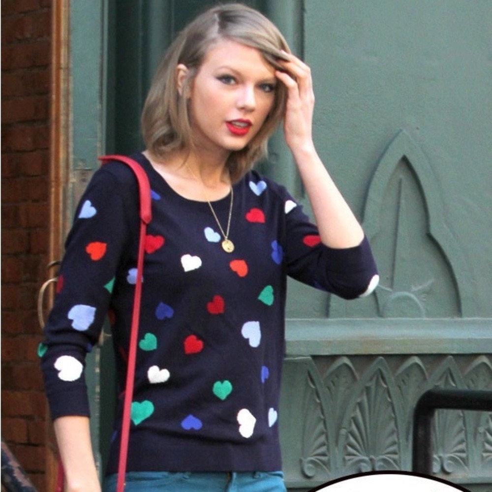 Talbots Taylor Swift Heart Intarsia Sweater Navy Blue Multi Color Knit Top L